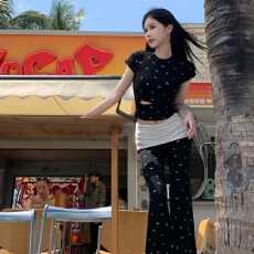 批发美式复古辣妹蝴蝶结镂空<b class='q'>短袖</b>上衣+撞色拼接低腰直筒长<b class='q'>裤</b>两件套<b class='q'>装</b>