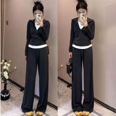 批发早秋穿搭一整套女时尚假两件半拉链连帽上衣高腰显瘦休闲裤两件套