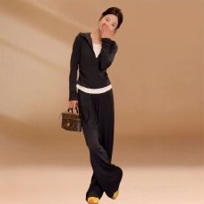 批发秋季新款时尚半拉链休闲上衣套装显瘦时尚z直筒裤两件套收腰套装