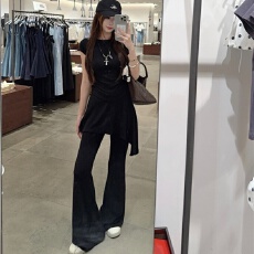 批发夏季辣妹百搭显瘦短袖T恤女不规则微喇叭裤休闲裤时尚<b class='q'>套装</b>两件套