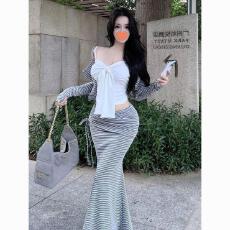 批发温柔风显身材条纹纯欲穿搭三件套女叠穿吊带长袖外套包臀裙子<b class='q'>套装</b>