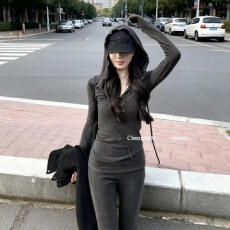 批发秋冬季2025时尚新款针织套装收腰修身连帽上衣外套直筒微喇休闲裤