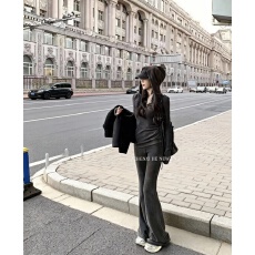 批发秋冬季2025时尚新款针织套装收腰修身连帽上衣外套直筒微喇休闲裤