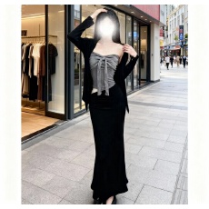 批发绝美绑带蝴蝶结背心吊带套装女早<b class='q'>秋</b>胖mm显瘦开衫包臀半身裙三件套