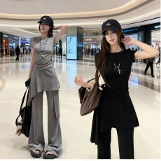 批发收腰显瘦不规则小众短袖T恤拖地休闲长裤女2025夏季新款时尚套装