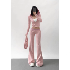 批发2026秋冬欧美风新款辣妹复古条纹连帽卫衣开衫显瘦阔腿裤套装女