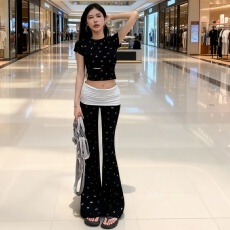 批发美式辣妹穿搭一整套装女夏新款高腰显瘦微喇阔腿裤紧身T恤两件套