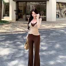 批发低领显胸挂脖吊带背心交叉V领绑带开衫长袖上衣休闲<b class='q'>长裤</b>三件套装