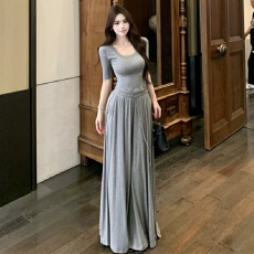 批发2026芭蕾风灰色连衣裙高级感新款夏季气质修身收腰长裙显瘦大摆裙