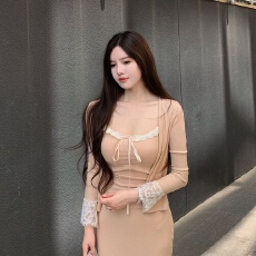 批发温柔御姐气质休闲套装女秋季长袖纯欲开衫蕾丝吊带半身长裙三件套