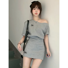 批发气质休闲运动套装女夏季学生韩版时尚宽松斜肩短袖短裙两件套显瘦