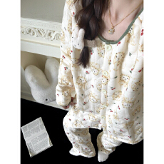 260克空气双层夹棉睡衣女冬季加厚长袖套装新款家居服大码可外穿