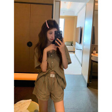 暖咖绿条纹简约宽松夏季睡衣女云朵棉两件套短袖短裤家居服官方