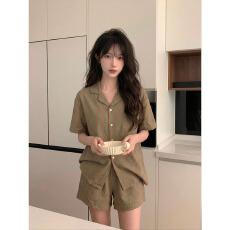 暖咖绿条纹简约宽松夏季睡衣女云朵棉两件套短袖短裤家居服官方