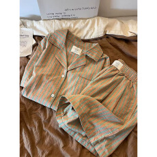 暖咖绿条纹简约宽松夏季睡衣女云朵棉两件套短袖短裤家居服官方