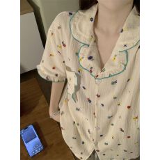 批发实拍 纯棉纱 韩国甜美可爱滑板小狗薄款夏季短袖套<b class='q'>装</b>家居服