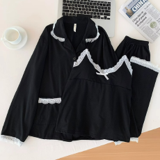 批发仿棉 带胸垫甜美蕾丝花边睡衣女款春秋季<b class='q'>长袖</b>家居服三件套