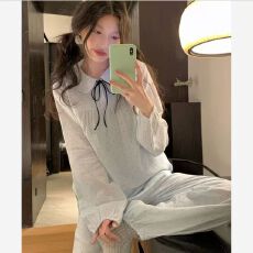 批发官图 睡衣女春季韩系娃娃领可爱波点系带<b class='q'>长袖</b>长<b class='q'>裤</b>家居服套<b class='q'>装</b>