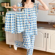 批发云朵棉 带胸垫蓝色花海小飞袖<b class='q'>睡衣</b>女夏季新款<b class='q'>三件套</b>家居服