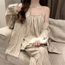 批发仿棉 新款<b class='q'>睡衣</b>女春秋款<b class='q'>三件套</b>长袖吊带带胸垫一体条纹套装