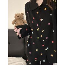 批发彩色星星<b class='q'>睡衣</b>女长袖春秋季云朵棉印花卡通翻领慵懒<b class='q'>大码</b>家居服套装