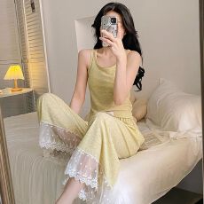 批发带胸垫夏季睡衣女士短长款背心螺纹冰丝可外出纯色家居服