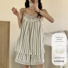 批发夏季新款睡衣女云朵棉<b class='q'>蕾丝</b>v领吊带<b class='q'>短裤</b>固定胸垫甜美家居服套装