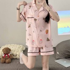 麿毛棉贝壳翻领睡衣女短袖夏季卡通宽松学生休闲家居服外穿套装