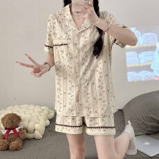 麿毛棉贝壳翻领睡衣女短袖夏季卡通宽松学生休闲家居服外穿套装