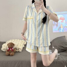 麿毛棉贝壳翻领睡衣女短袖夏季卡通宽松学生休闲家居服外穿套装