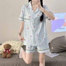 麿毛棉贝壳翻领睡衣女短袖夏季卡通宽松学生休闲家居服外穿套装