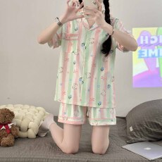 麿毛棉贝壳翻领睡衣女短袖夏季卡通宽松学生休闲家居服外穿套装