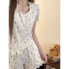 批发带胸垫日系碎花睡衣女<b class='q'>夏季</b>短袖蝴蝶结花边<b class='q'>开衫</b>甜美外穿家居服套装
