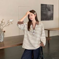 批发胖MM大码POLO领条纹复古长袖t恤女春秋新款宽松设计感小众纹上衣