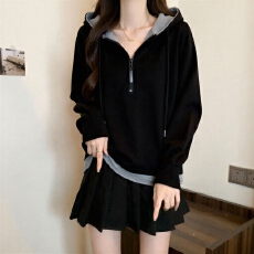 批发纯棉假两件连帽拉链长袖卫衣大码女装春季胖MM设计感显瘦正肩上衣