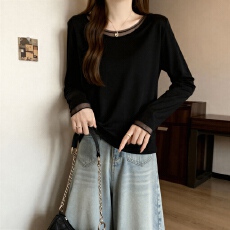 批发大码女装白色<b class='q'>欧根纱</b>圆领长袖打底衫早秋胖mm修身显瘦面膜<b class='q'>上衣</b>t恤