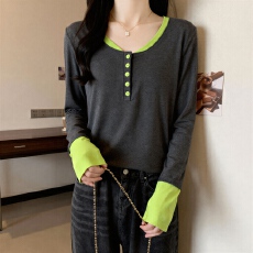 批发大码磨毛加绒撞色拼接长袖T恤女秋冬胖MM洋气修身内搭打底衫上衣