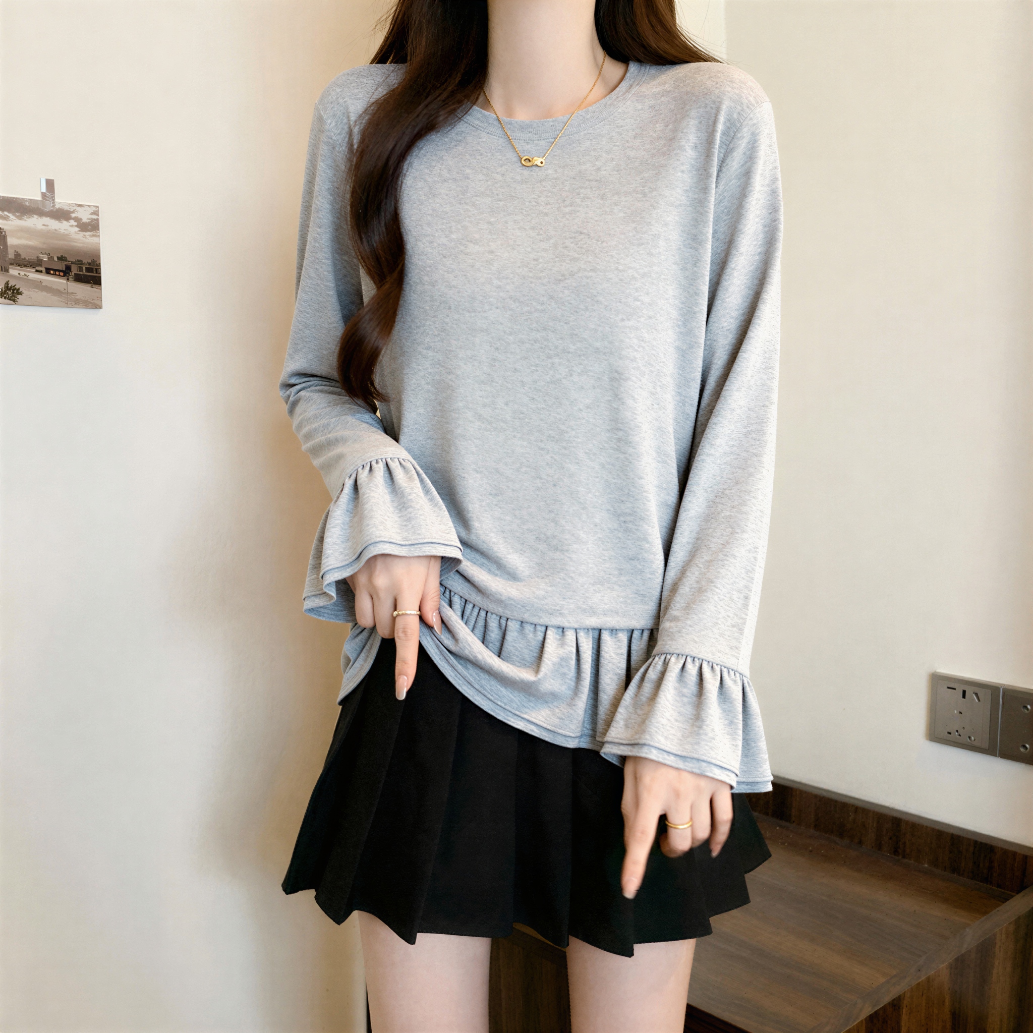 MY17455# 大码拼接木耳边长袖T恤新款胖mm遮肚子纯棉打底衫上衣女裝...