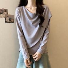 批发<b class='q'>大码</b>荷叶领长袖T恤<b class='q'>女装</b>秋季新款显瘦洋气独特不规则宽松休闲上衣