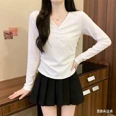 批发白色螺纹v领长袖t恤打底衫女2024新款春秋<b class='q'>大码</b>胖mm遮肚子内搭上衣