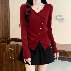 批发气质正肩V领长袖开衫T恤女秋季<b class='q'>大码</b>微胖mm遮肚子显瘦内搭打底上衣