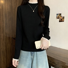 批发<b class='q'>大码</b>温柔复古蕾丝花边长袖针织打底衫女秋冬季内搭纯色上衣T恤衫