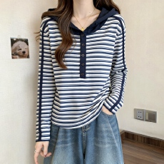 批发条纹长袖连帽t恤女秋季内搭打底衫2025新款<b class='q'>大码</b>胖mm收腰显瘦上衣