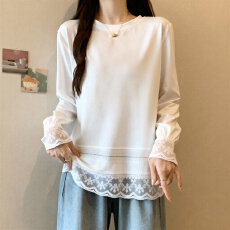 批发欧货蕾丝拼接白色长袖T恤女秋冬<b class='q'>大码</b>胖MM显瘦宽松内搭打底衫上衣