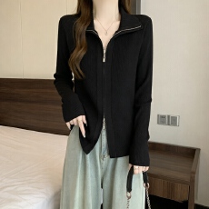 批发双拉链翻领长袖针织<b class='q'>开衫</b>外套2024年秋季新款<b class='q'>大码</b>胖mm时尚气质上衣