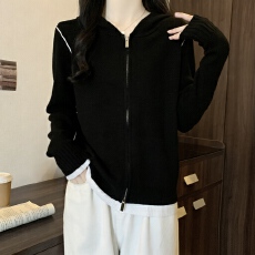 批发连帽撞色假两件针织衫长袖<b class='q'>大码</b>女装春季2026年新款双拉链上衣毛衣