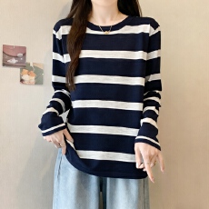 批发大码胖mm条纹<b class='q'>长袖</b><b class='q'>T</b><b class='q'>恤</b>女早秋薄款宽松上衣百搭显瘦针织防晒罩衫