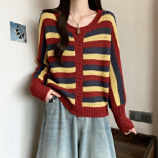 批发<b class='q'>大码</b>女复古撞色条纹针织<b class='q'>开衫</b>2025新款秋季胖MM高级感毛衣外套上衣