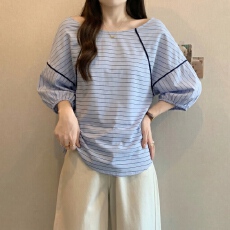 批发高级感条纹短袖衬衫女士夏季大码胖MM显瘦泡泡袖上衣小衫气质衬衣