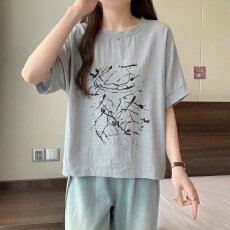 批发大码水墨印花短<b class='q'>袖</b>t恤女夏季五分<b class='q'>袖</b>体恤2025新款显瘦复古宽松<b class='q'>上衣</b>